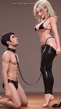 O blondă înaltă în latex își duce bărbatul cu zgardă lângă lesă - picior în gura lui