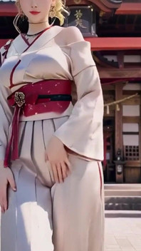 Blonde Kimono Girl's Shrine Secret! Kneeling Under the Torii Gate in a Beige Modified Kimono