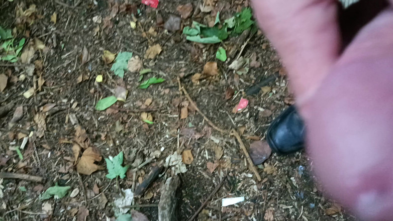 Rockardglans: Großer unbeschnittener schwanz geht raus, pissen, wichsen im wald Mit...