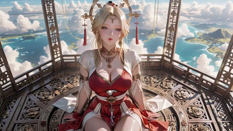 Seraphina Vale: Celestial Goddess Descends! Red &amp; White Hanfu, Golden Hair, Barefoot on...