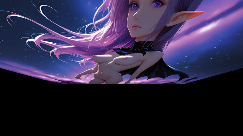 LustRender: Lustrender 슬라이드쇼: 보라색 우주 먼지의 밤하늘의 누드 엘프 배트걸 - Ai 비디오