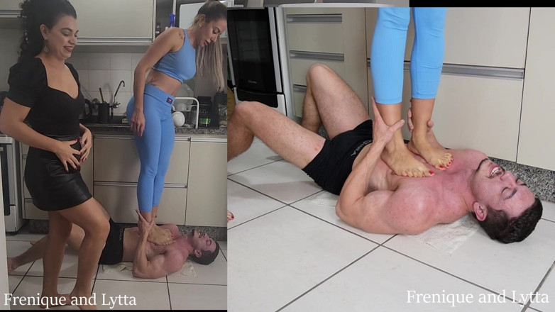 Queen Lytta ballbusting and cum lick: Frenique and Lytta - Hard Double Trampling and Ballbusting