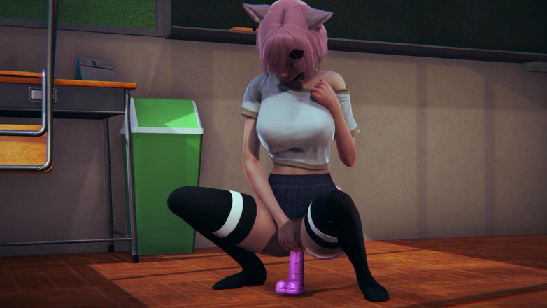 Waifu club 3D: La studentessa neko si masturba con un dildo rosa