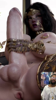 Big Breast Long Hard Cock Futa Strokes Herself off and Shoots Pure Golden Cum All Over the Place