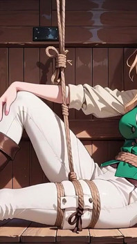 Blonder piraten-kapitän! Grüne Uniform & grobe Seile auf einem sonnigen Deck. Lange posen, lange beine bloßgestellt und dieser neckende blick
