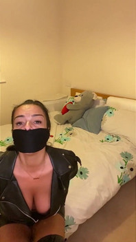 Latina in Leather Boots and Full Leather Outfit Tied Tight and Wrap Gagged