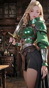 แฟนตาซี Knight ในยุคกลาง! ชุดเกราะสีเขียวและความลับแฉะ คุกเข่าในห้องสมุดจ้องมองคุณ ยัดหน้าอก