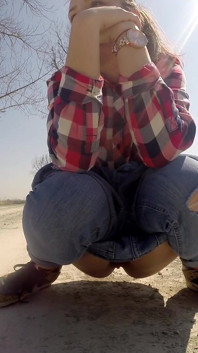 Desperate Babe with Full Bladder Empty Her Bladder and Pee on a Dirt Road
