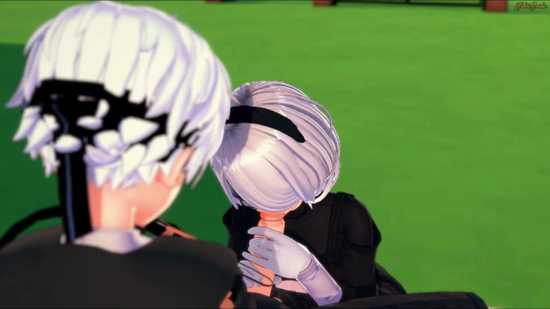 Hentai Smash: Nier: 오토마타 헨타이 - 9S와 섹스하는 2B, 체인 울타리에서 따먹히다.