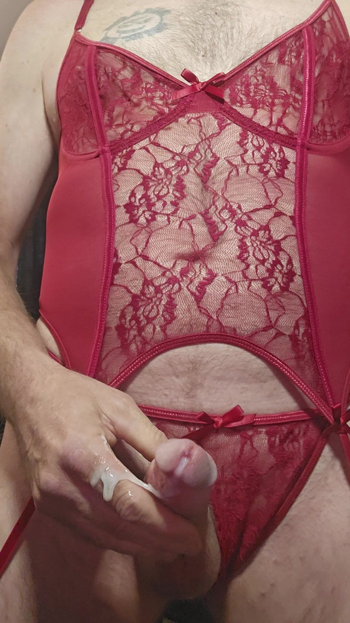 Fantasies in Lingerie: Red Lace Cumshot