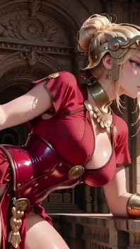 Red Armor Queen! Schauen Sie auf den römischen Korridor, rocklift enthüllt, Hand auf Lippen neckt Sie ...