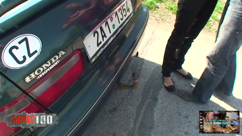 MMM100: Brunette fucked on the roadside by 2 mates