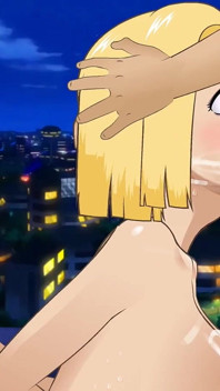 Android 18 - garganta follada bolas profundamente por una gran polla gruesa con su cara empapada en esperma justo en frente de su marido
