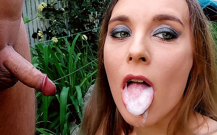 Naughty Adeline: Sloppy blowjob outdoors, lots of spit, drooling and oral creampie,...