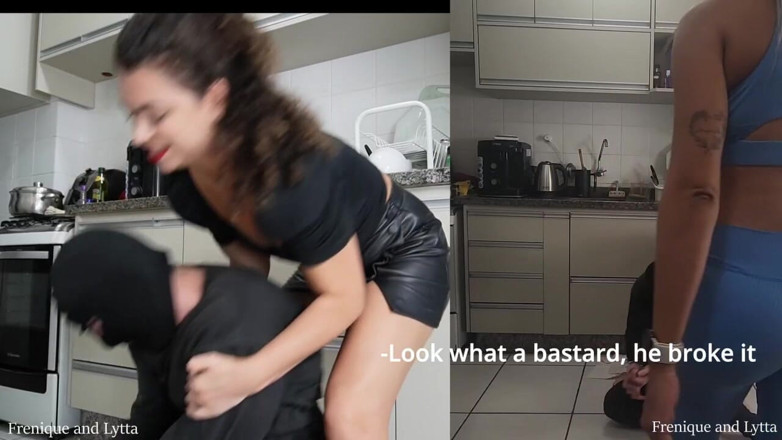 Queen Lytta ballbusting and cum lick: Frenique and Lytta - Hard Double Ballbusting Ep 1 - Slave Got Beaten...