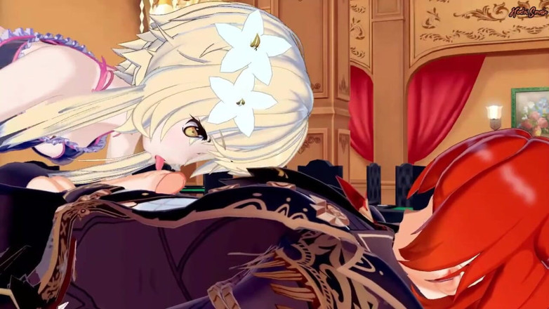 Hentai Smash: Lumine глубоко заглатывает член Дилука, выплевывает его порцию спермы - удар Гэнсин хентай.