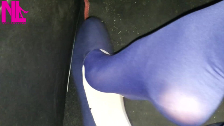 Nyllady: Dangling in Blue Pantyhose and Blue Flats on a Gas...