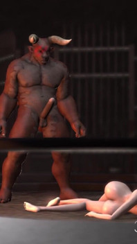 Man-bull fucks a teen hard in the battle arena