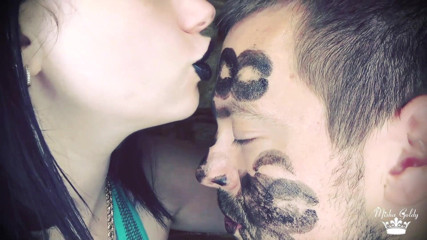 Goddess Misha Goldy: Covering Alex with black shiny lipstick kisses all over his...