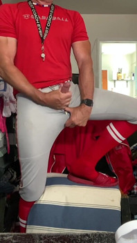 Jockdad87 Edges in Baseball Gear and Red Striped Socks