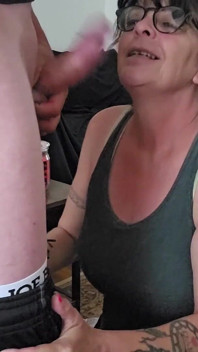 Mature Wifey Dawn POV Blowjob Cum on Face Glasses, Spitting