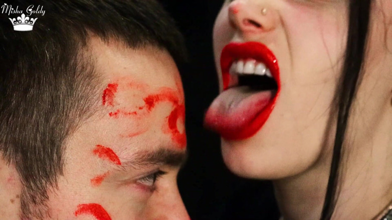 Goddess Misha Goldy: Covering Alex face with red lipsticks kisses
