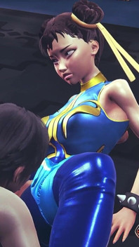 Chun Li Street Fighter 6 - Awek Anime Cosplay seksi dalam kostum lateks biru dijilat pepeknya melalui seluar ketat dengan orgasme
