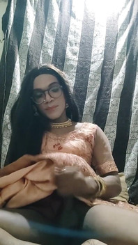 Desi Indian Shemale Cumming in Traditional Lehanga and Eating Her Own Cum