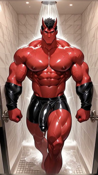 Oni Demon sólo pumpování s kondomem roztaženým těsným v mramorové koupelně