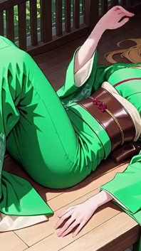 Une Japonaise paresseuse le matin dans le couloir, elle respire fort en touchant sa poitrine avec un regard brumeux en attendant ton toucher
