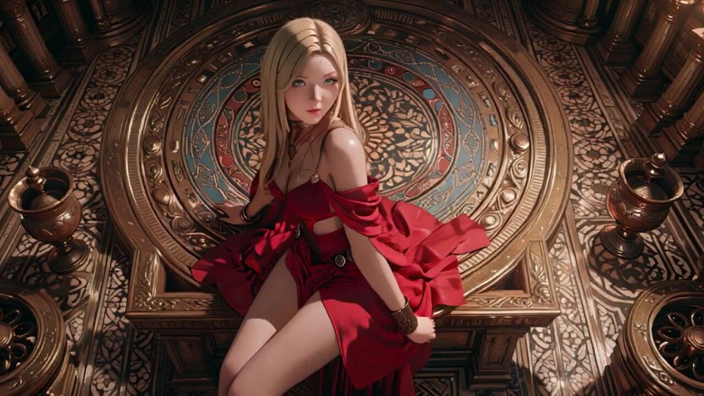 Seraphina Vale: 赤いブロンドの女王!噴水のそばに座り、スリットの入ったドレスを直している。目があなたに釘付けだった。