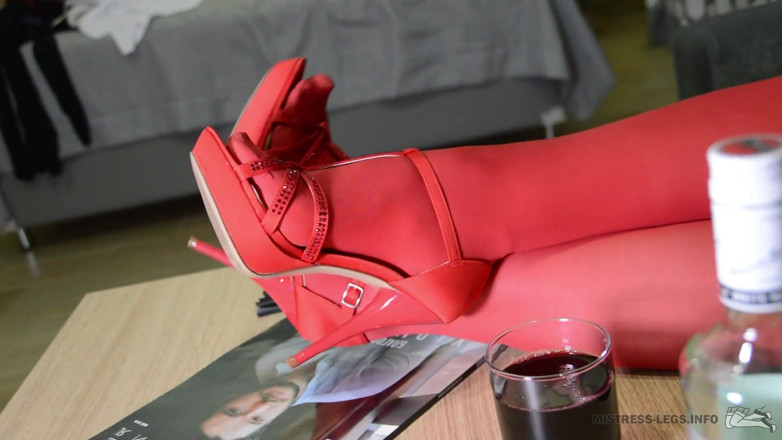 Mistress Legs: Lick my red nylon soles, slave