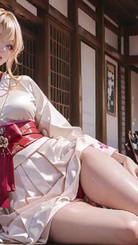 Tajemství dívčí svatyně blond Kimono! Klečení pod bránou Torii v béžovém upraveném kimonu