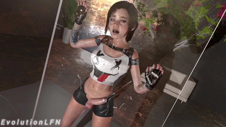 Evolution LFN: Элли скачет на Lara Crofts, выпуклость живота Futa Dick / Бонус Элли без перерыва в сцене спермы