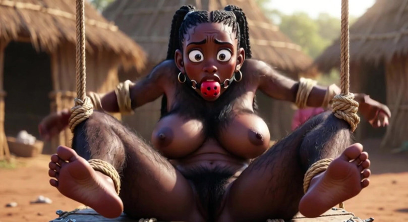 Anime Hentai: Afrikaanse zwarte harige vrouw in bondage - wachtend om geneukt te...