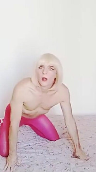 Sexy Blonde Crossdresser Pink Pantyhose Cums