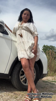 White Dress Tease by the Car Flirty Panty & Bra Reveal with an American MILF