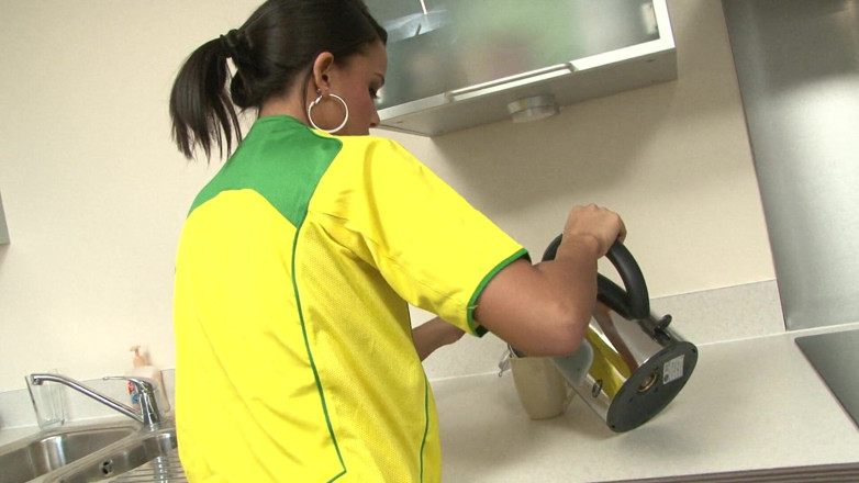 Solo Sensations: Babe in Brazil Uniform Strips and Plays Solo in the...