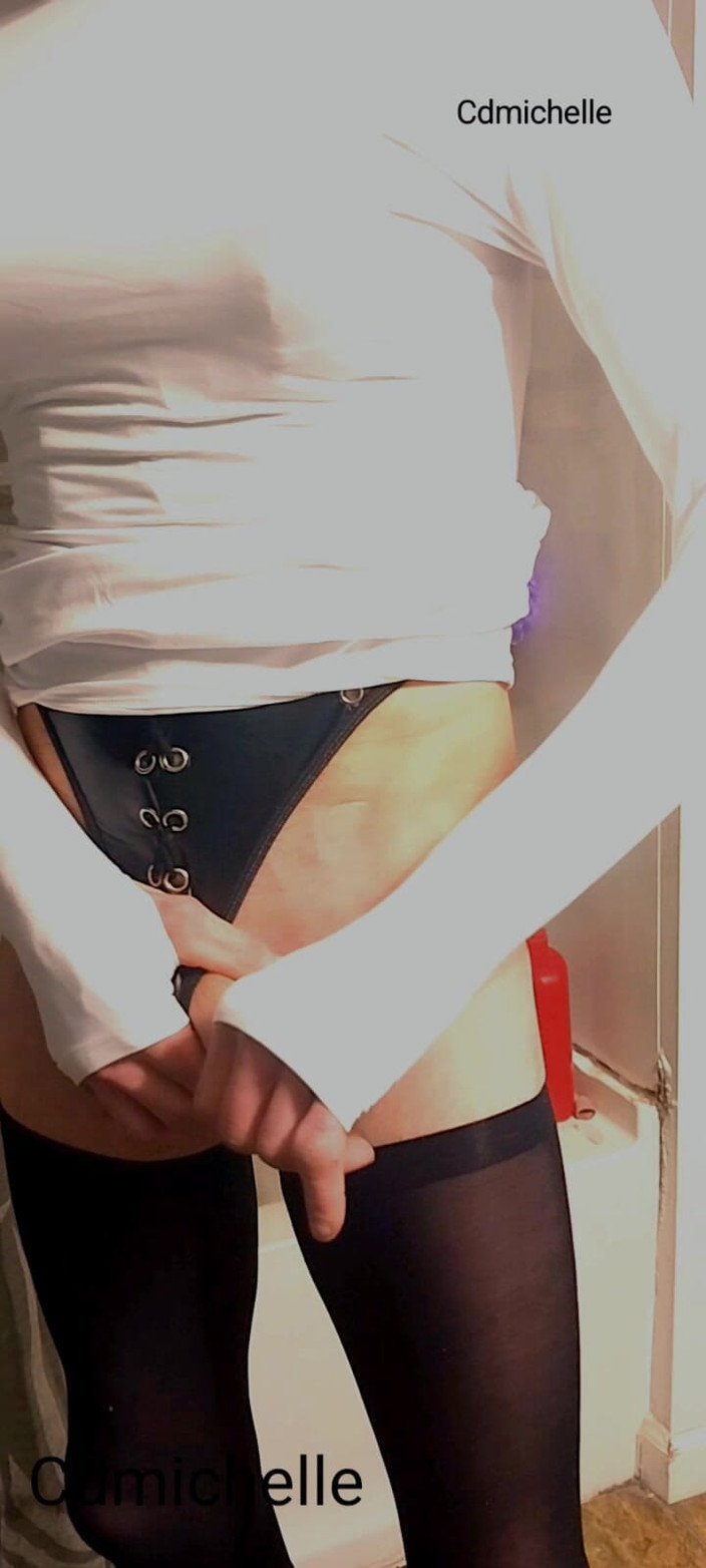 Feeling sexy today crosdressing: Cdmichelle Wearing Black One-piece Bodysuit Then Putting on Sexy White...