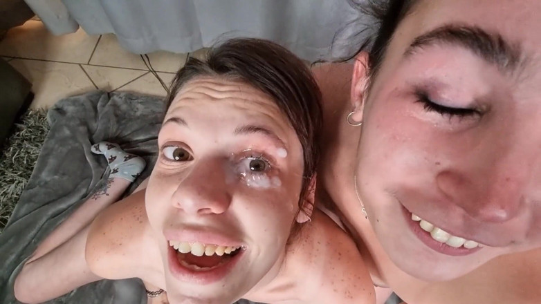 domslutfucker: FFM Threesome Handjob Cum in Eye, Licking Cum Out of...