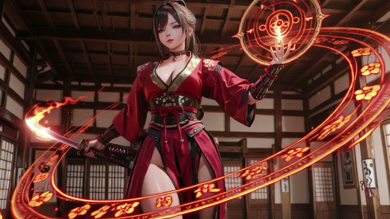 Seraphina Vale: Crimson Samurai! Red-haired Warrior Kneeling in the Sun