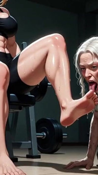 Abuela mayor adorando pies de dominadora musculosa en gimnasio