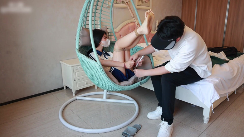 Asian bondage: Barefoot College Student Girlfriend, Feet Suspended with Ropes, Hands Handcuffed