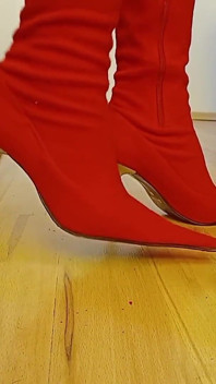 Crossdresser Walks in Sexy Red Suede Pointed Toe High Heels Boots