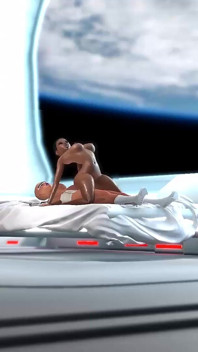 Weiblicher sex android spielt mit einem sexy ebenholz in der raumstation