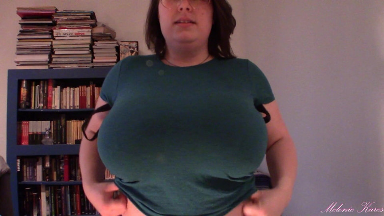 Melonie Kares: Huge boob tight shirt struggle BBW