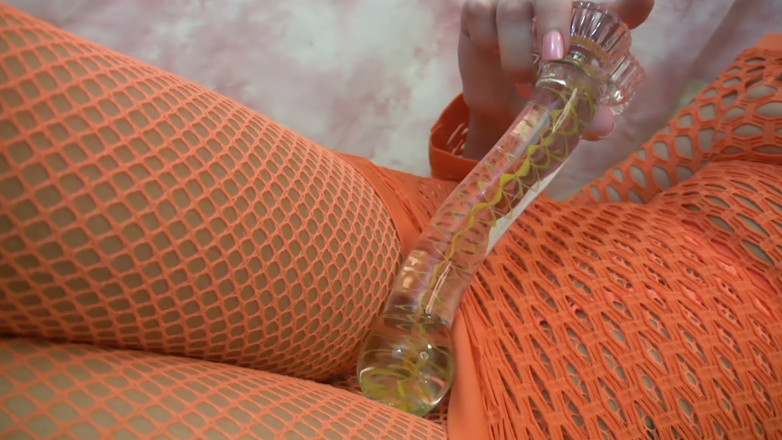 Self Love Top Solo Girls: Glass Dildo Solo in an Orange Fishnet Bodysuit - Busty Brunette...