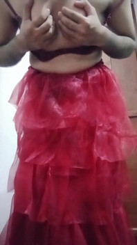 Indian Gay Crossdresser Bottom Pressing and Playing with Her Big Boobs in Red Gown Real Homemade Sex