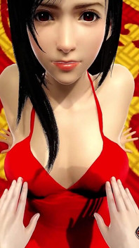 Tifa Lockhart v červených krátkých šatech exploduje velký penis pomocí její velké kozy jako masturbace