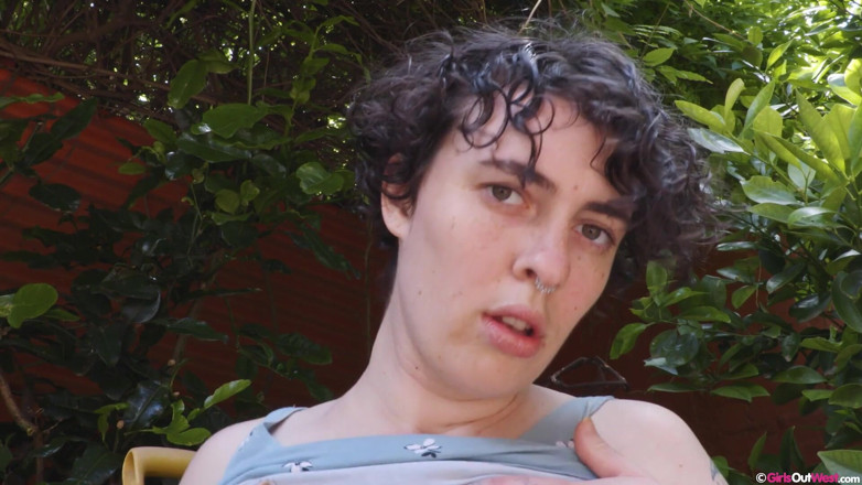 Girls Out West: Horny hairy gardener with big boobs masturbates outdoors
